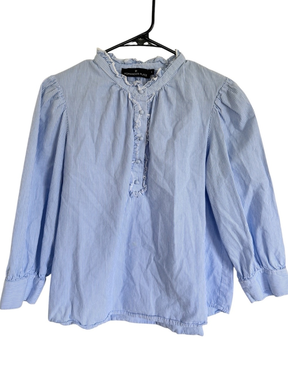 Tuckernuck Pomander Place Light Blue Pinstripe Ruffle Popover Blouse